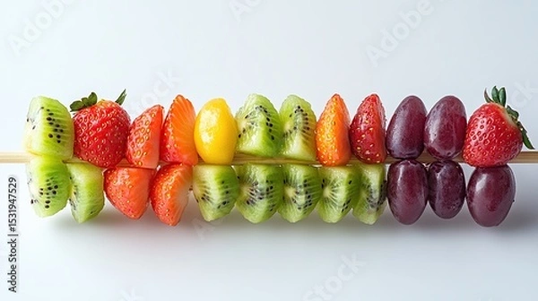 Obraz A vibrant fruit skewer displays kiwi, strawberries, a mango, and grapes, arranged in a colorful, segmented pattern on a light background