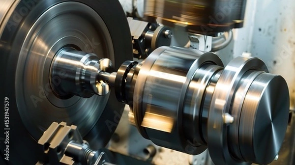 Fototapeta Close-up of precision turning operation on a CNC lathe, showcasing a metal workpiece being meticulously shaped with micron-level accuracy