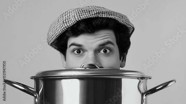 Obraz Monochrome close-up of a man's surprised face peeking from a large pot, wearing a patterned flat cap