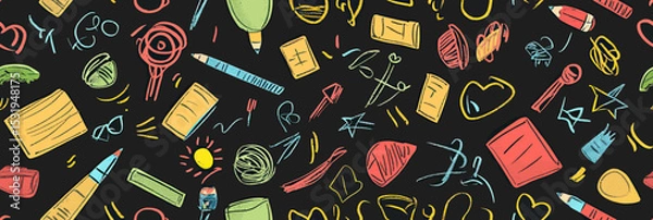 Obraz Seamless hand drawn colorful school supplies pattern with notebooks pens pencils scissors rulers brushes and paper clips on black background vector illustration