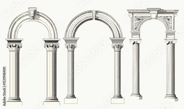 Obraz Vector illustration set of classical antique architectural arches with Corinthian and decorative columns in vintage engraved line style for design and decoration