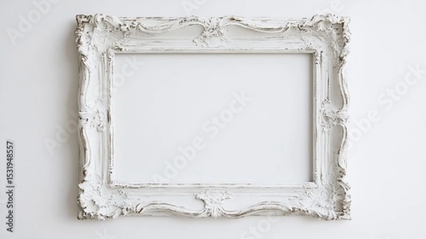 Obraz A white, ornate picture frame with a distressed finish sits against a white backdrop, its intricate carvings creating a sense of classic elegance