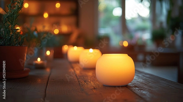 Fototapeta Row of glowing candles creates warm and cozy atmosphere on rustic wooden table, surrounded by soft focus plants and ambient lighting in peaceful room