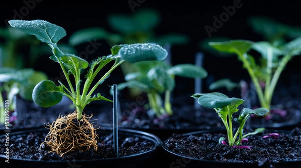 Obraz Seedlings are exuberant from abundant loamy soils. Fertilization and the role of nutrients in plant life with digital mineral nutrients icon