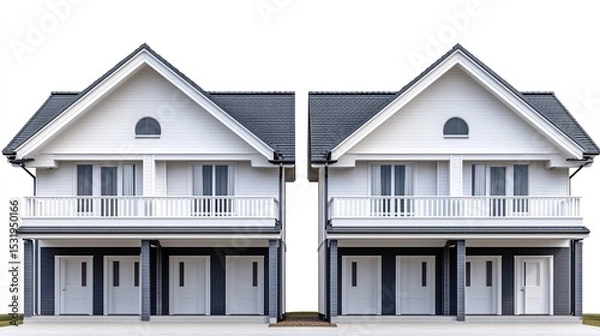 Obraz Two identical white and grey houses with grey doors, white balconies, and white railings, against a white background