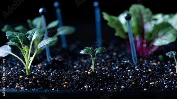 Obraz Fertilization and the role of nutrients in plant life with digital mineral nutrients. Seedlings are exuberant from abundant loamy soils. 