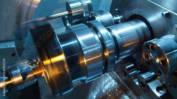 Fototapeta Close-up of precision turning operation on a CNC lathe, showcasing a metal workpiece being meticulously shaped with micron-level accuracy