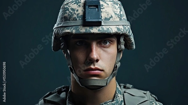 Obraz Close-up portrait of a young soldier in camouflage helmet and uniform, intense gaze directly at the viewer against a dark background