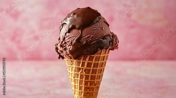 Obraz A double scoop of chocolate ice cream in a waffle cone, generously drizzled with melted chocolate, sits against a blurred pink background