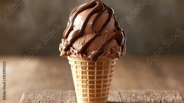 Obraz Two scoops of chocolate ice cream in a waffle cone, drizzled with chocolate sauce, sit on a rustic wooden surface against a blurred background