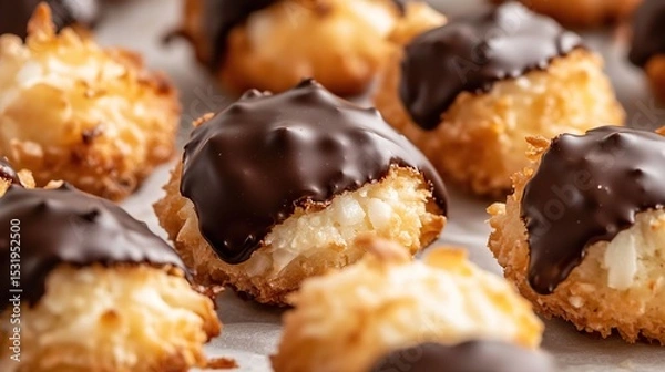 Obraz Close-up of numerous small, golden-brown coconut macarons, some dipped in rich dark chocolate, arranged on a baking sheet.  The macarons appear light, airy, and slightly crispy