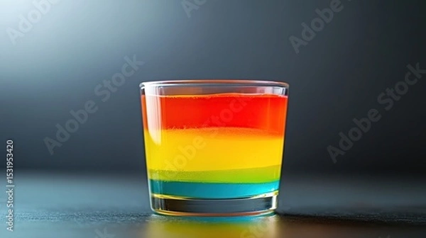 Obraz A clear shot glass filled with four vibrant layers of multicolored gelatin dessert, red, orange, yellow, and blue, sits on a dark surface against a moody backdrop