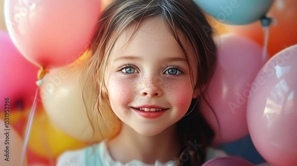 Obraz A young girl with bright blue eyes and a warm smile surrounded by colorful balloons, looking directly at the viewer with happiness and innocence
