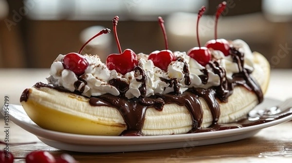 Obraz A split banana topped with whipped cream, chocolate sauce, and maraschino cherries, served on a rectangular white plate