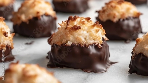 Obraz Close-up of several delicate, round coconut macarons, partially dipped in dark chocolate, arranged on a marble surface.  The macarons exhibit a light, airy texture and are subtly highlighted