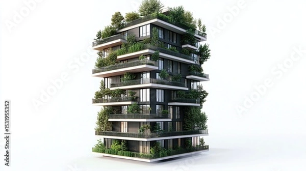 Obraz A tall, modern apartment building with a sleek black exterior and multiple levels of lush green vegetation on balconies and terraces