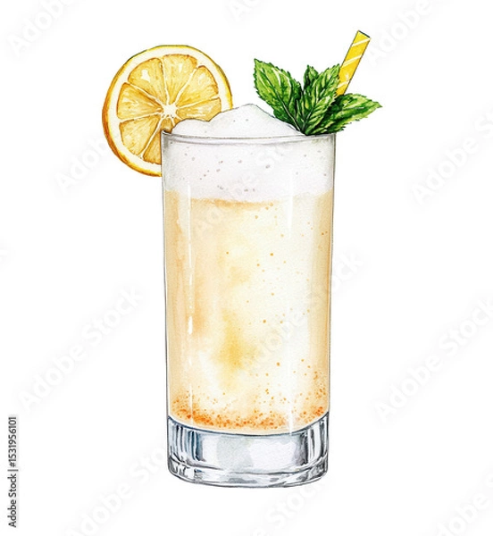Fototapeta Gin Fizz cocktail in highball glass with foam, lemon slice, mint sprig, and striped straw. Watercolor illustration with transparent background. Classic citrus drink concept. 