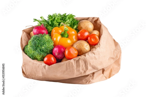 Obraz Different vegetables in brown paper bag for market,isolated on transparent background.