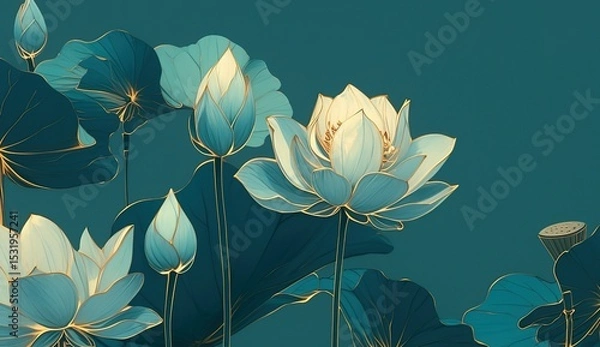 Fototapeta Flat turquoise lotus with gold outline on dark teal background, zen minimalist design featuring subtle gradients and intricate petal details for serene decorative applications