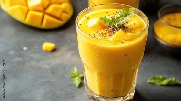 Obraz A vibrant mango smoothie in a glass, garnished with chia seeds and mint, sits on a dark surface alongside mango chunks and additional smoothie in bowls