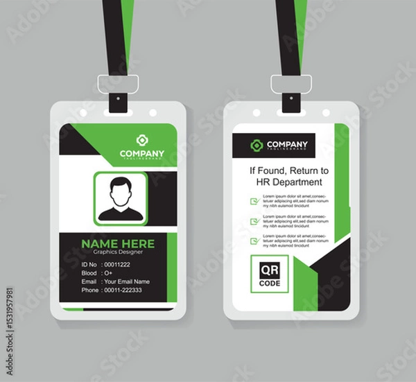Obraz Professional Modern ID Card Template for Corporate Staff and Employees Editable Design with QR Code in Green, Black, and White