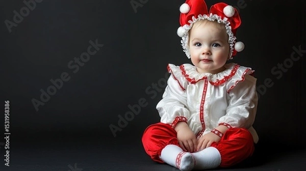 Obraz A baby girl in a red and white jester costume with a playful expression sits against a dark background