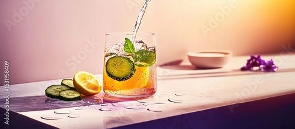 Fototapeta Refreshing cucumber-lemon infused water cascading into a glass pitcher on an elegant table