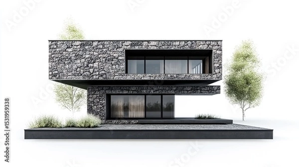 Obraz Modern two-story house with dark stone facade, large windows, cantilevered upper level, and minimalist landscaping, set against a white background