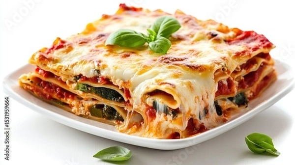 Obraz A square white plate holds a serving of baked lasagna with layers of pasta, tomato sauce, ricotta cheese, and spinach, topped with melted mozzarella cheese and fresh basil leaves