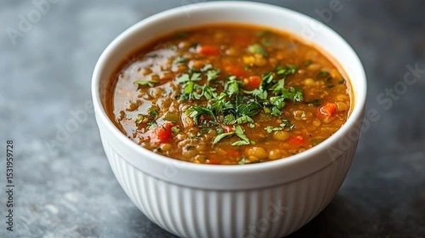 Obraz A white bowl filled with lentil soup, garnished with fresh parsley, sitting on a textured grey surface