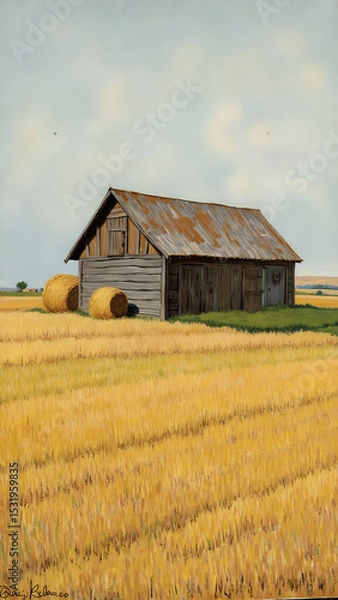 Obraz Rustic Barn Surrounded by Golden Wheat Fields and Round Hay Bales Under Blue Sky