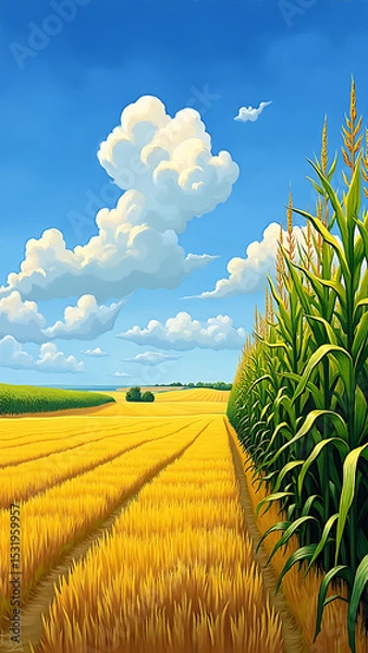 Obraz Golden Wheat Field and Lush Corn Plants Under a Bright Blue Sky with Fluffy Clouds