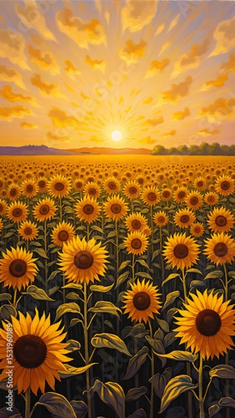 Obraz Vibrant Sunflower Field Under a Golden Sky Surrounded by Radiant Sunlight at Dusk