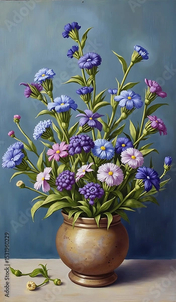 Obraz Colorful Blooming Flower Arrangement in Decorative Vase on a Gentle Blue Background