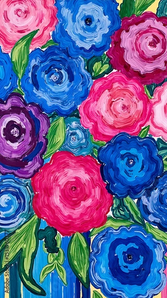 Obraz Colorful Abstract Flower Bouquet with Vibrant Blues and Pinks on a Bright Yellow Background