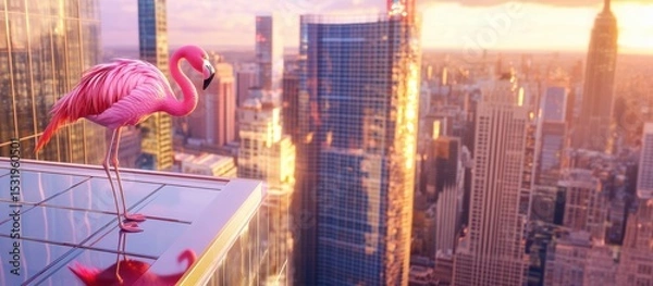 Fototapeta Flamingo perches on modern skyscraper at golden hour in urban skyline