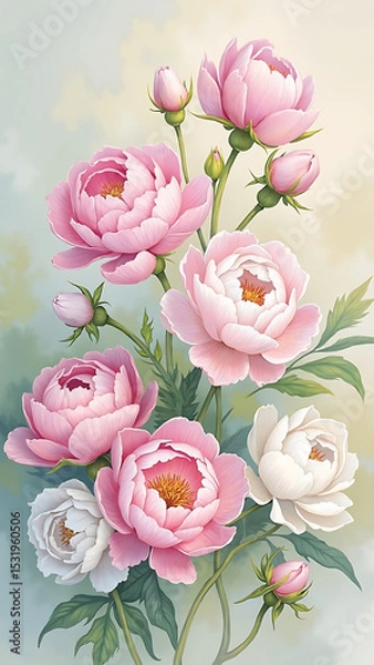 Obraz Beautiful Arrangement of Blooming Peonies in Soft Pastel Colors on a Gentle Background
