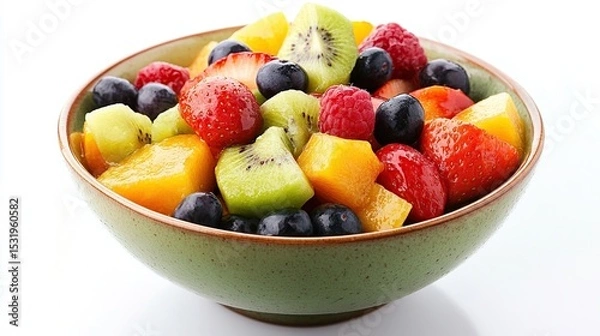 Obraz A green bowl filled with a vibrant fruit salad, featuring mango, kiwi, strawberries, blueberries, and raspberries, against a white backdrop