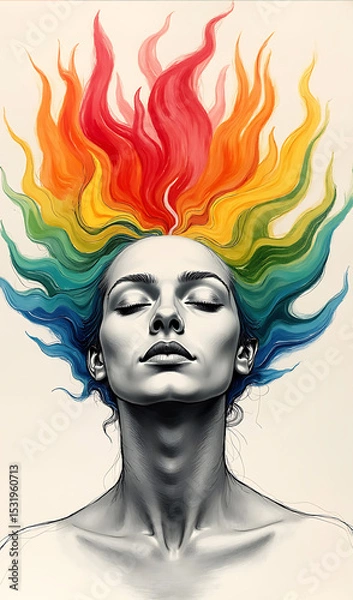 Obraz Vibrant Abstract Art Portrait with Colorful Flames Emanating from a Woman's Hair and Face