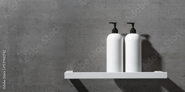 Obraz White bottles mock up on white shelf on gray concrete background, close up shampoo, conditioner. Aesthetic view beauty products in modern minimal bathroom neutral color. Side view, banner