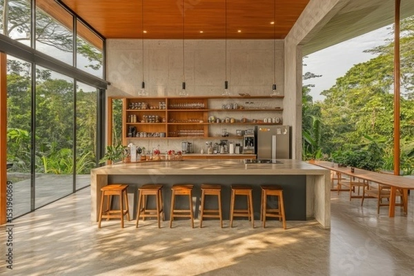 Fototapeta A minimalist, modern coffee shop kitchen interior with wood and concrete accents, large windows overlooking a jungle landscape, a bar counter with wooden stools on one side of the room,