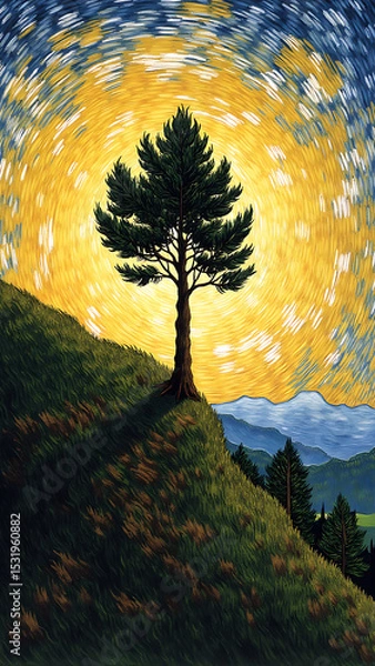 Obraz Majestic Lone Tree Against a Starry Sky with Colorful Swirls of Light