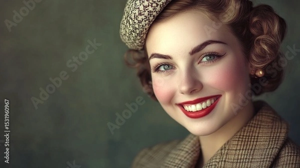 Obraz A young woman with rosy cheeks smiles warmly at the camera, her auburn hair styled in tight curls,  wearing a plaid jacket and a tweed beret