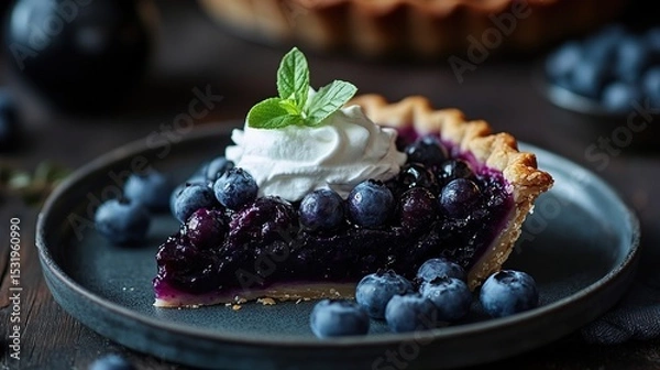 Obraz A single slice of blueberry pie with a flaky crust, topped with whipped cream and a sprig of mint, sits on a gray plate surrounded by fresh blueberries and a wooden table