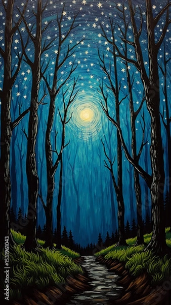 Obraz Enchanted Forest Scene with Starry Night Sky and Glowing Moonlight Over a Tranquil Stream