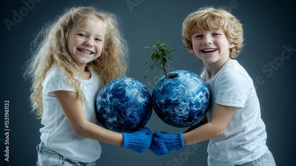Obraz Environment, save clean planet, ecology concept. Child hands holding crystal earth globe and growing tree.  Earth Day banner with  copy space