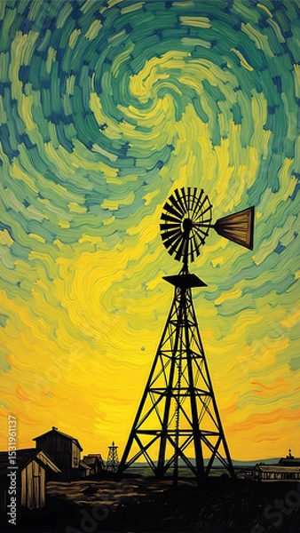 Obraz Windmill Silhouette Against Swirling Sky in Vibrant Evening Colors at Dusk