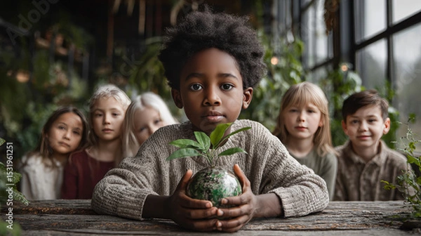 Obraz Environment, save clean planet, ecology concept. Child hands holding crystal earth globe and growing tree.  Earth Day banner with  copy space