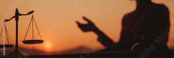 Fototapeta Balanced justice scales and wooden gavel on legal consultation table with professional gesture at sunset, symbolizing fairness and due process in modern law practice