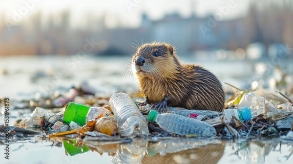 Fototapeta Muskrat resting on floating trash in a polluted urban river during soft morning light